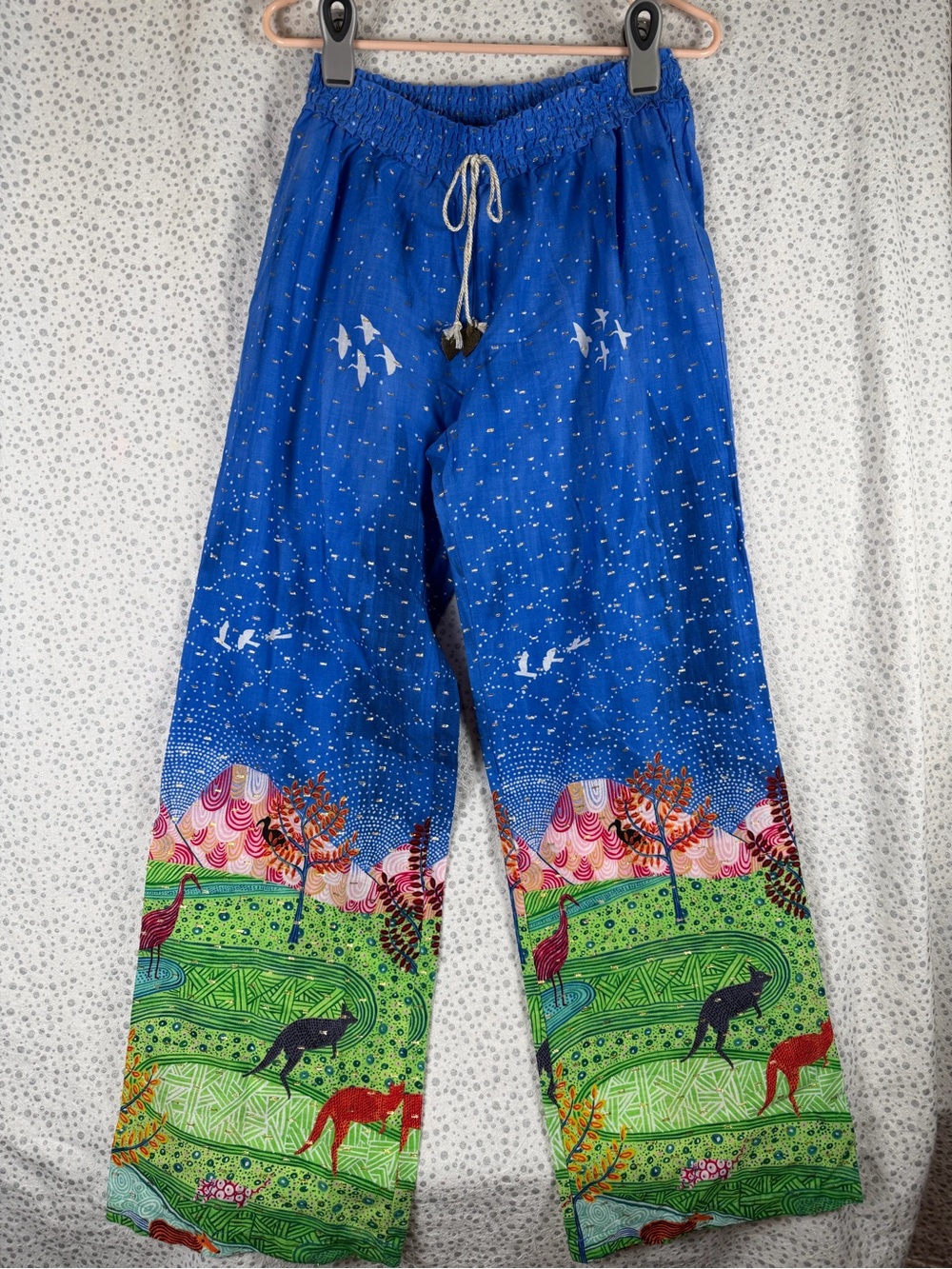 Women's Blue Drawstring Lounge Pants with Scenic Print M